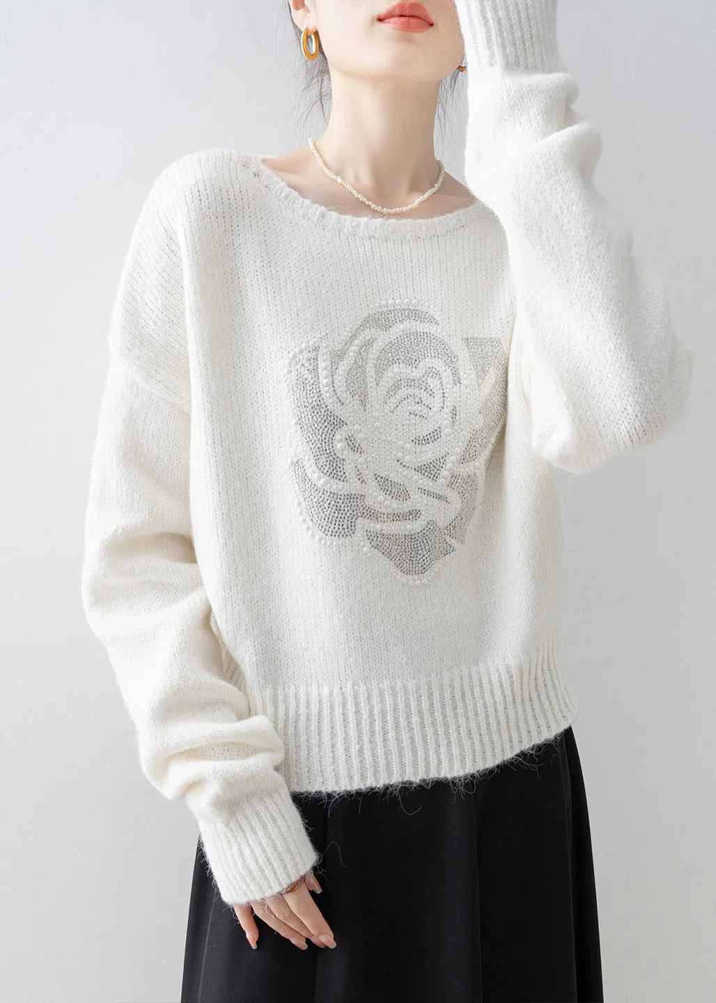 Fine White O Neck Zircon Knit Sweaters Spring