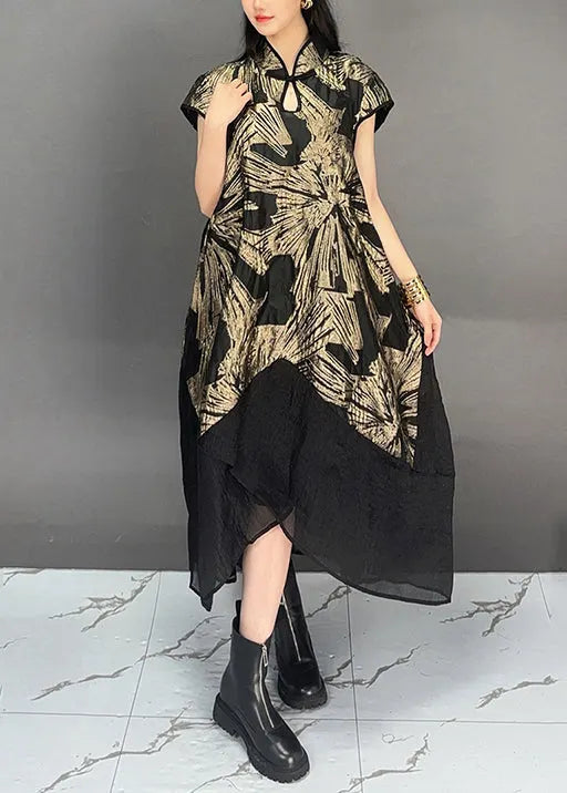 Gold Stand Collar Print Patchwork Cottondresses Summer