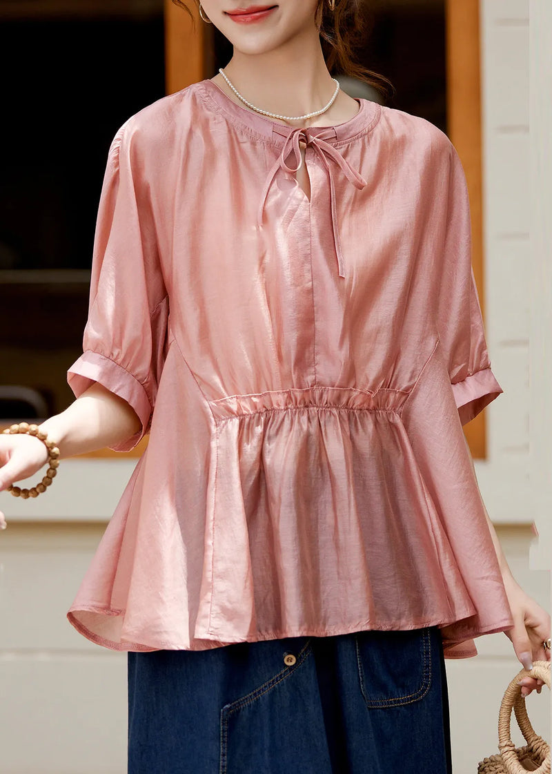 Loose Pink O-neck Patchwork Wrinkled Lace Tie Silk Shirt Summer