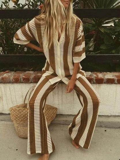 Loose V-neck Hollow Out Striped Shirt Wide Leg Pants Set