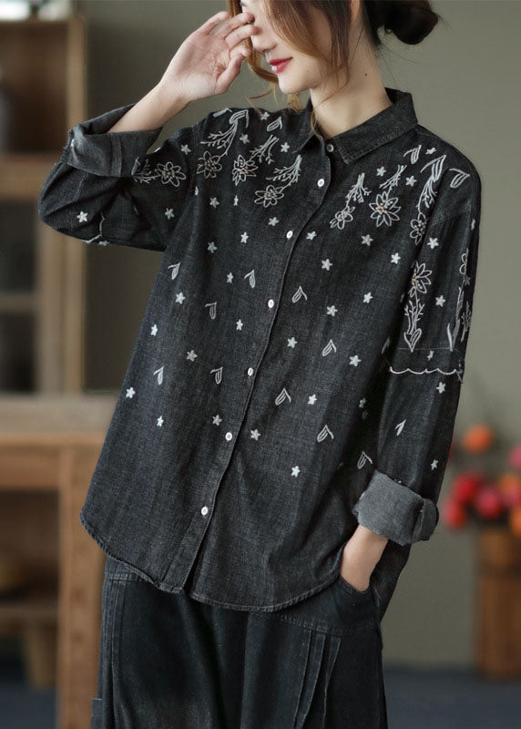 Black Patchwork Cotton Shirt Top Peter Pan Collar Embroidered Spring