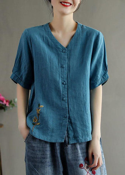 Loose Pink-ink Flowers V Neck Embroidered Summer Linen Shirt