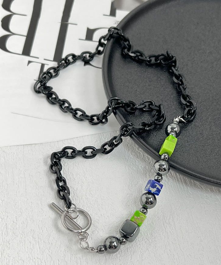 Black Block Black Gallstone Chain Patchwork Necklace