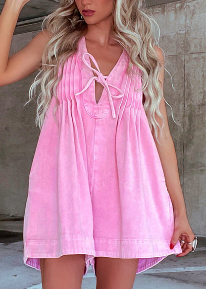 Pink Wrinkled Patchwork Tie Lace Jumpsuit Summer