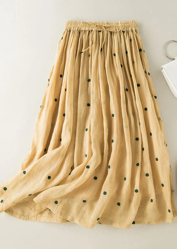Apricot Dot Drawstring Elastic Waist Wrinkled Cotton Skirt Summer