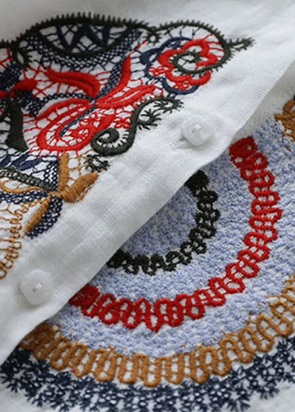 Loose White Embroidered Patchwork Linen Shirts Spring
