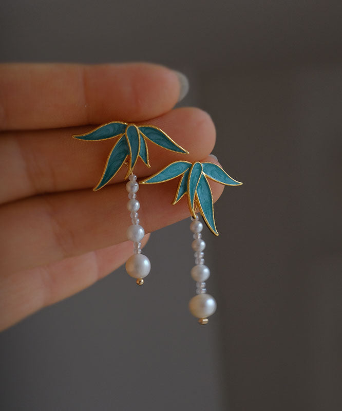 Blue Alloy Pearl Drip Glaze Bamboo Leaf Tassel Drop Earrings