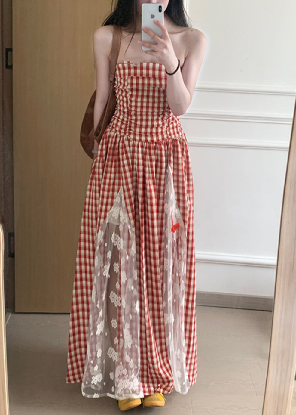 Plaid Strapless Pockets Patchwork Cotton Dress Sleeveless