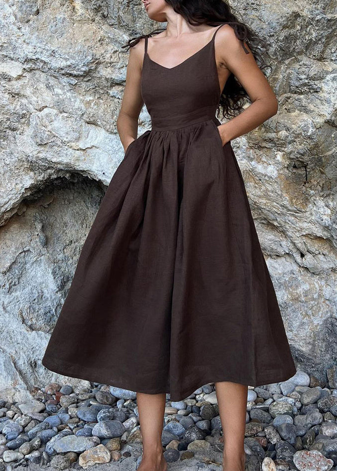 French Khaki Lace Up Wrinkled Patchwork Cotton Vacation Dresses Summer