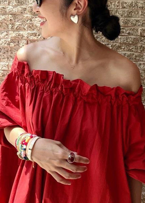 Simple Red Slash Neck Ruffled Cotton Long Dresses Summer