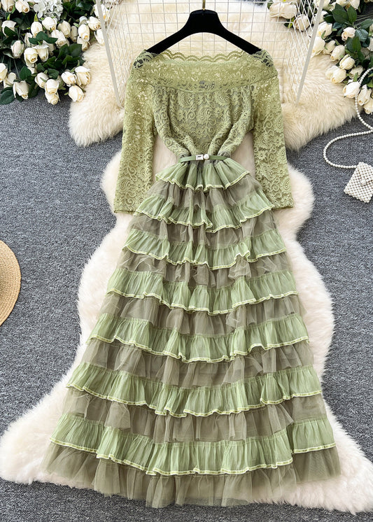 Green Slash Neck Ruffled Patchwork Lace Party Dress Spring