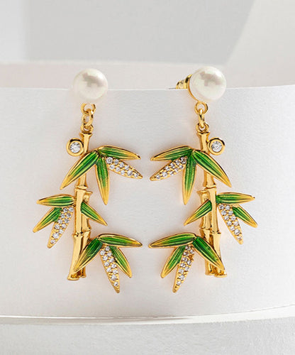 Green Overgild Zircon Pearl Bamboo Drop Earrings