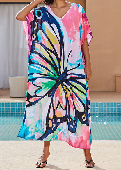 V Neck Butterfly Print Cotton Long Dress Summer