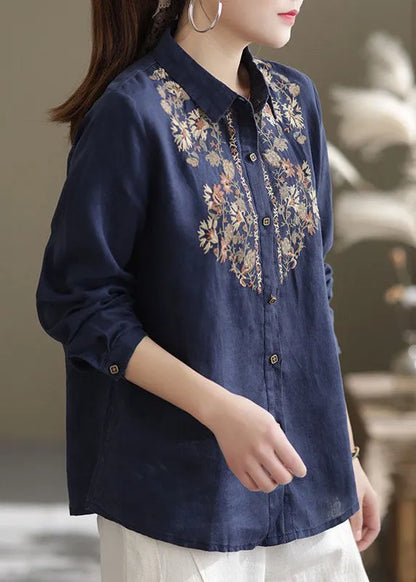 Navy Linen Shirt Top Turn-down Collar Embroidered Spring