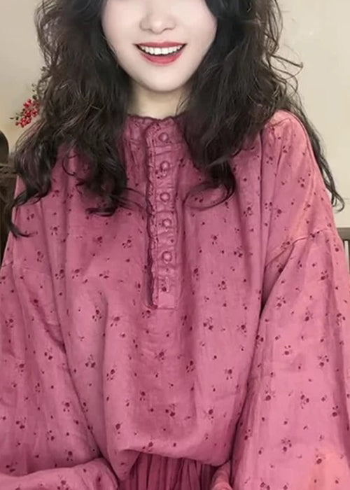 Pink Button Print Cotton Blouse Top Spring