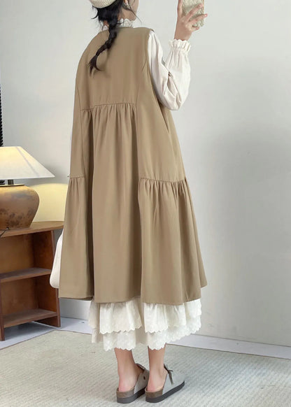 French Khaki O-neck Lace Patchwork Long Dress Sleeveless