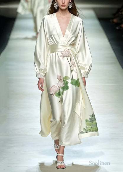 Milk White Tunic Lotus Flower Print Silk Dresses Spring