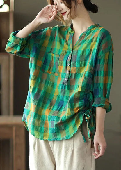 Green Loose Plaid Drawstring Fall Long Sleeve Shirt