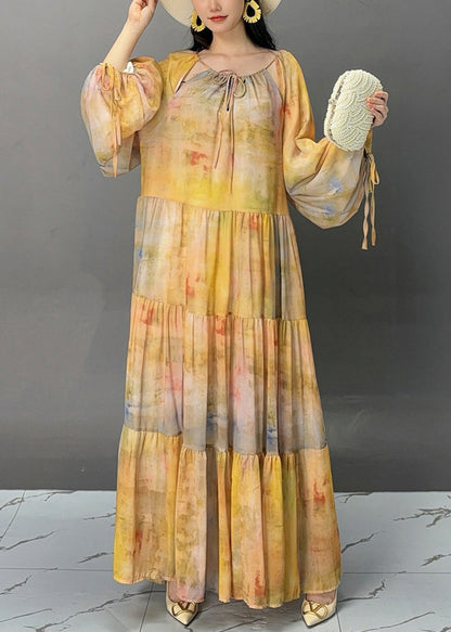 Yellow Lace Up Patchwork Cotton Maxi Dresses Fall