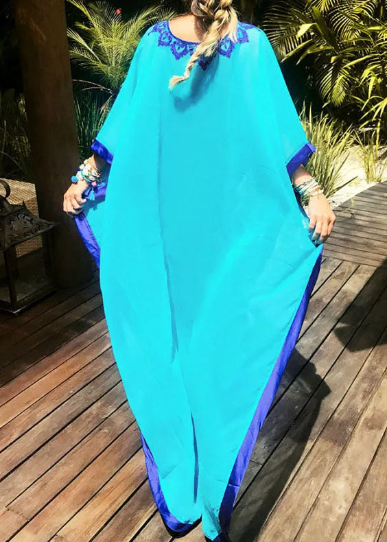 Blue Embroidered Chiffon Beach Gown Summer Dress