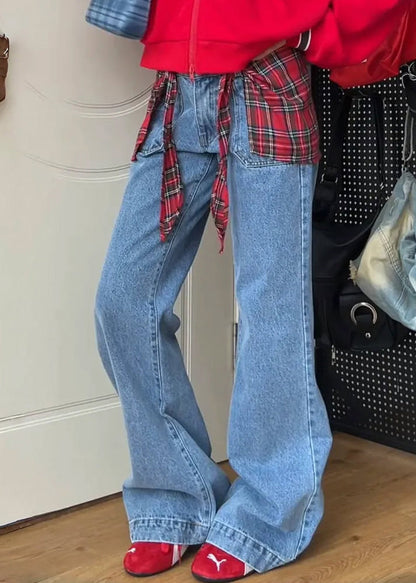 Blue Pockets False Two Pieces Patchwork Denim Pants Fall