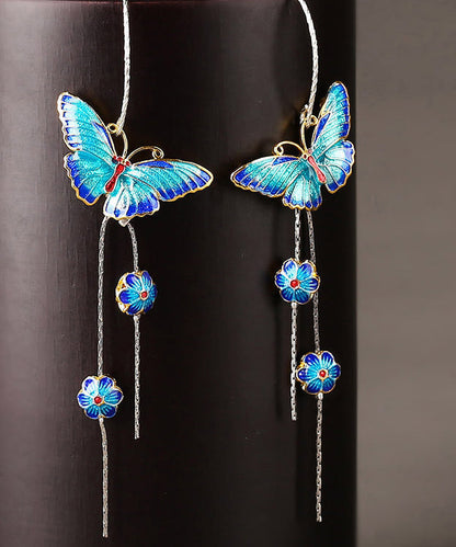 Blue Sterling Silver Cloisonne Butterfly Drop Earrings
