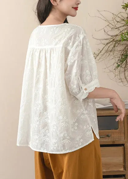 Fine Beige Embroidered Cotton Shirt Tops Summer