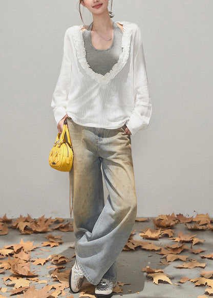 White Deep V-neck Ruffled Cotton Shirt Fall
