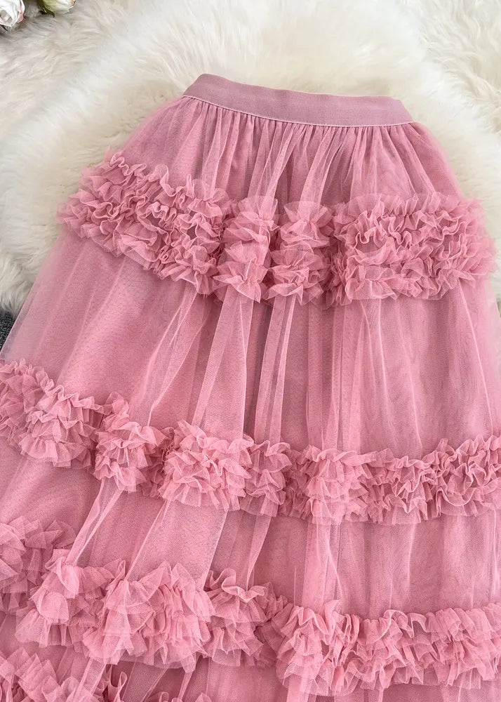 Pink Ruffled Patchwork Tulle Cake Skirt Spring
