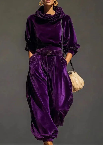 Coffee Hooded Pockets Sweatshirt and Pants Silk Velvet Two Pieces Set Spring