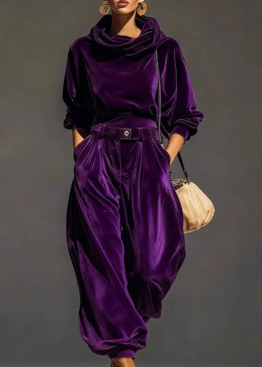 Coffee Hooded Pockets Sweatshirt and Pants Silk Velvet Two Pieces Set Spring