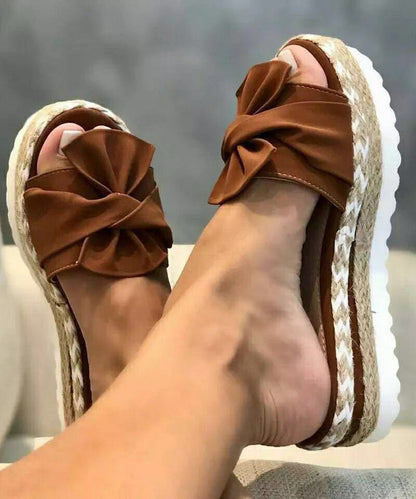 Bow Splicing Wedge Black Suede Slide Sandals