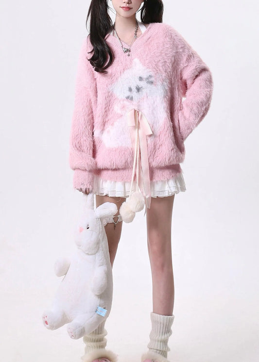 Style Pink V Neck Bow Ma Hai Mao Knit Sweaters Spring