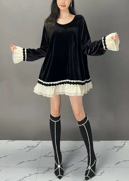 New Black O-neck Patchwork Silk Velour Tops Flare Sleeve
