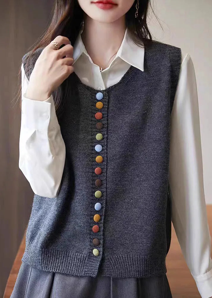 Simple Grey O Neck Button Knit Vest Sleeveless