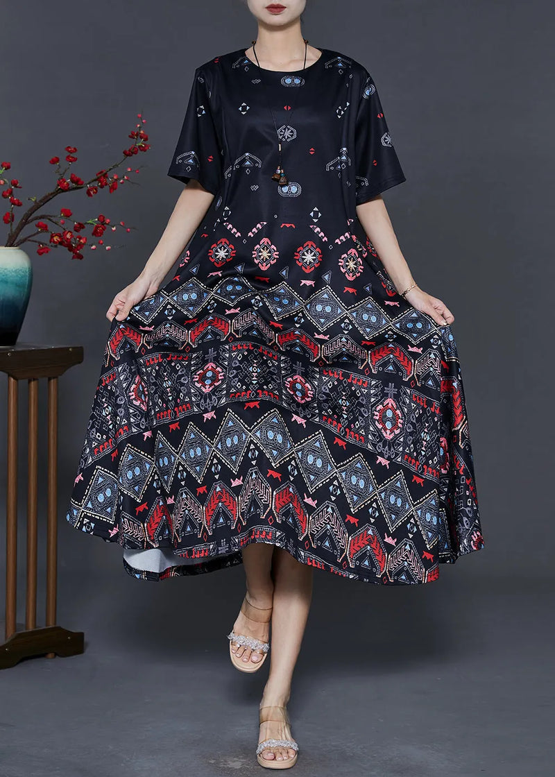Black Print Exra Large Hem Silk Dresses Summer