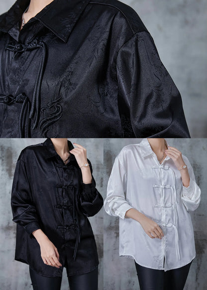 White Draping Silk Shirts Tasseled Chinese Button Spring