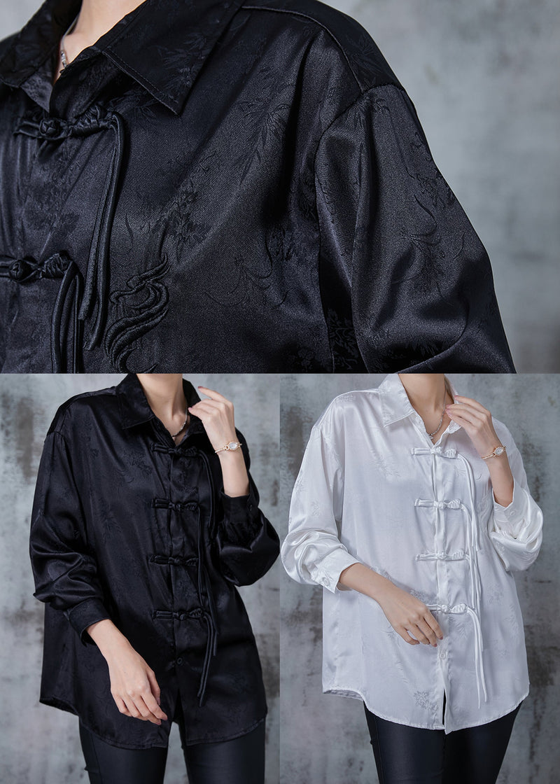 White Draping Silk Shirts Tasseled Chinese Button Spring