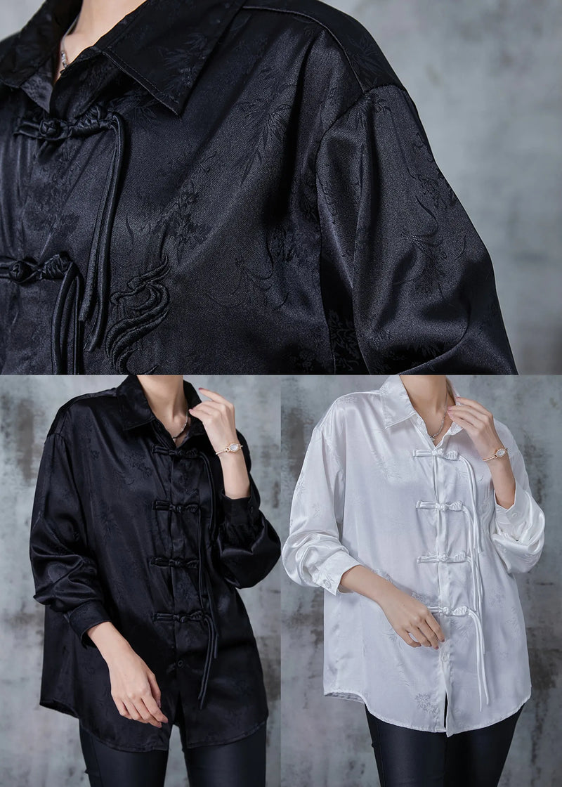 White Draping Silk Shirts Tasseled Chinese Button Spring