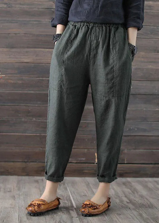 Handmade Army Green Elastic Waist Linen Harem Pants Summer