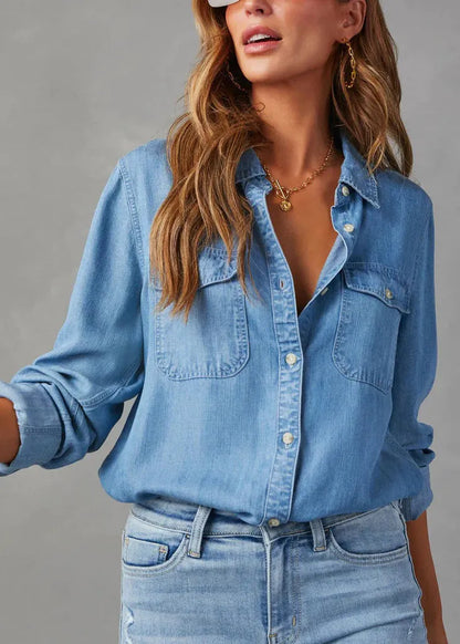 Blue Peter Pan Collar Denim Shirt Top Fall