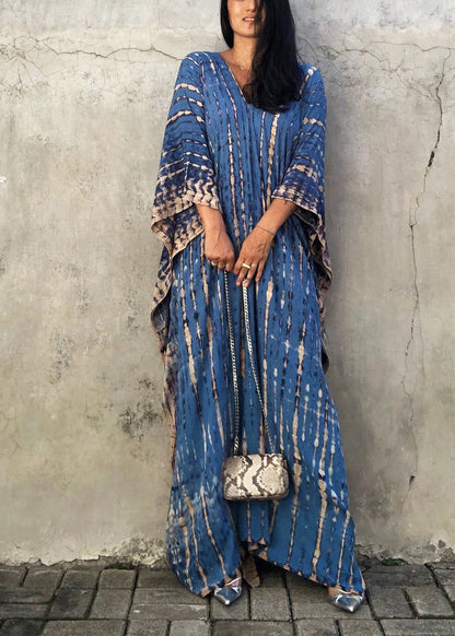 Blue V Neck Tie Dye Cotton Vacation Dresses Summer
