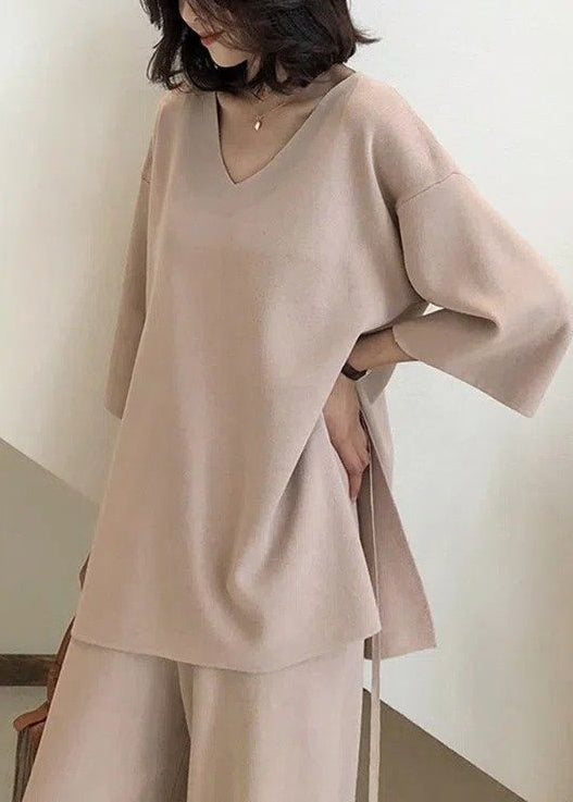 Style Orange V Neck Side Open Knit Two Piece Suit Set Spring