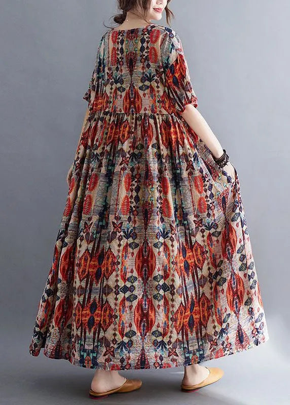 Red O Neck Wrinkled Print Patchwork Cotton Dresses Summer