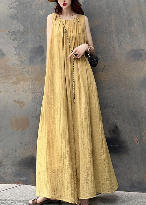 French Yellow O-neck Wrinkled Cotton Long Dress Sleeveless