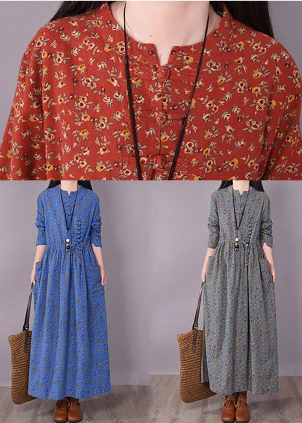 Brick Red Cinched Print Linen Long Dress Long Sleeve