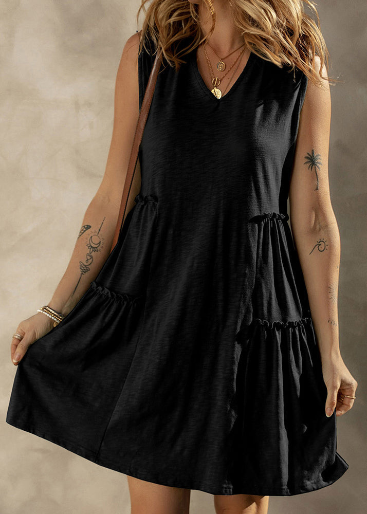 Green Ruffled Patchwork Cotton Mid Dress Sleeveless