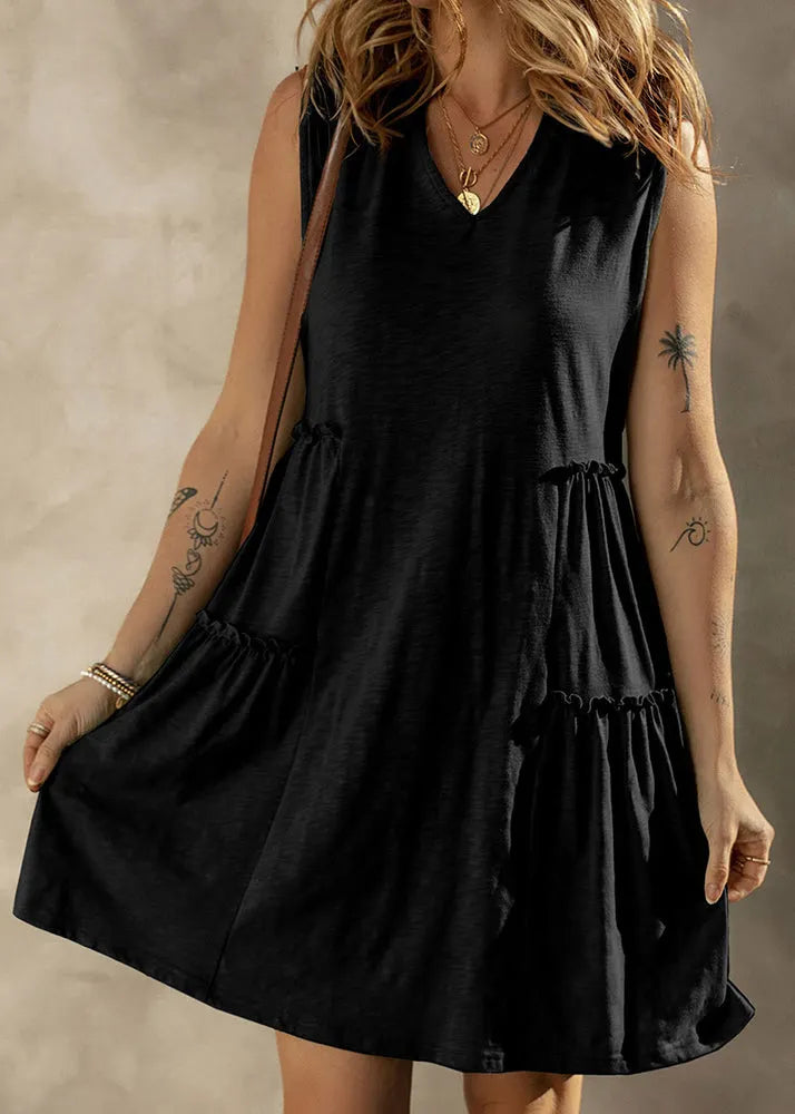 Green Ruffled Patchwork Cotton Mid Dress Sleeveless