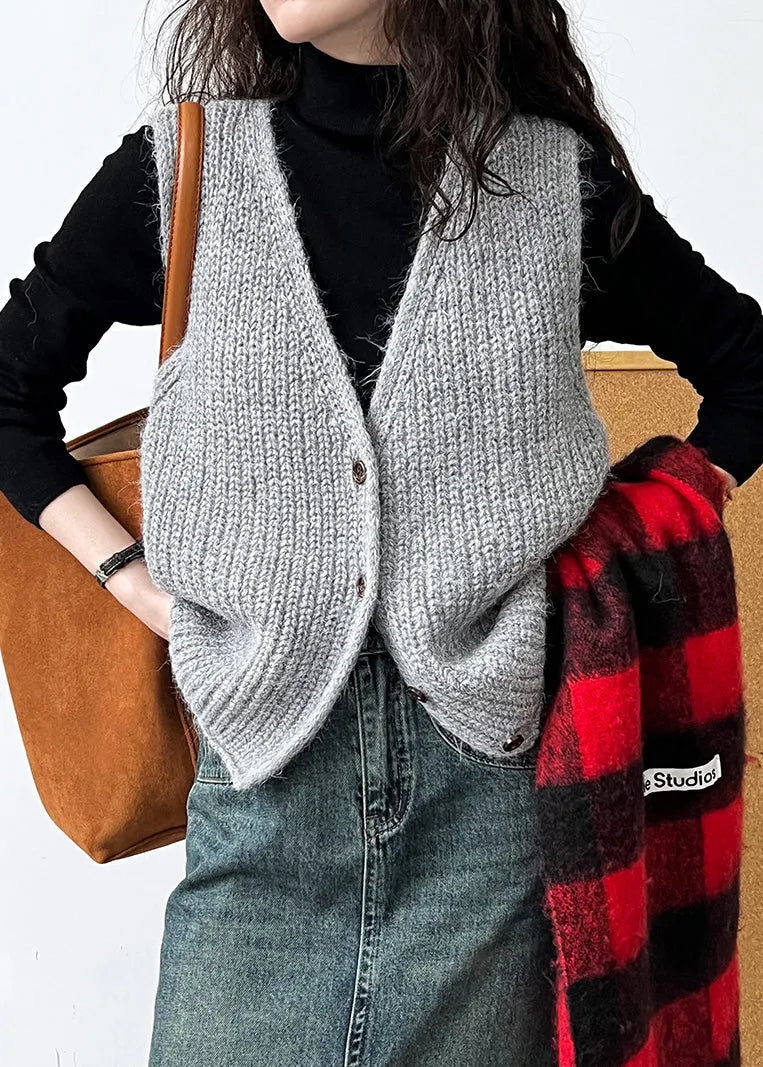 French Grey V Neck Button Knit Vest Sleeveless