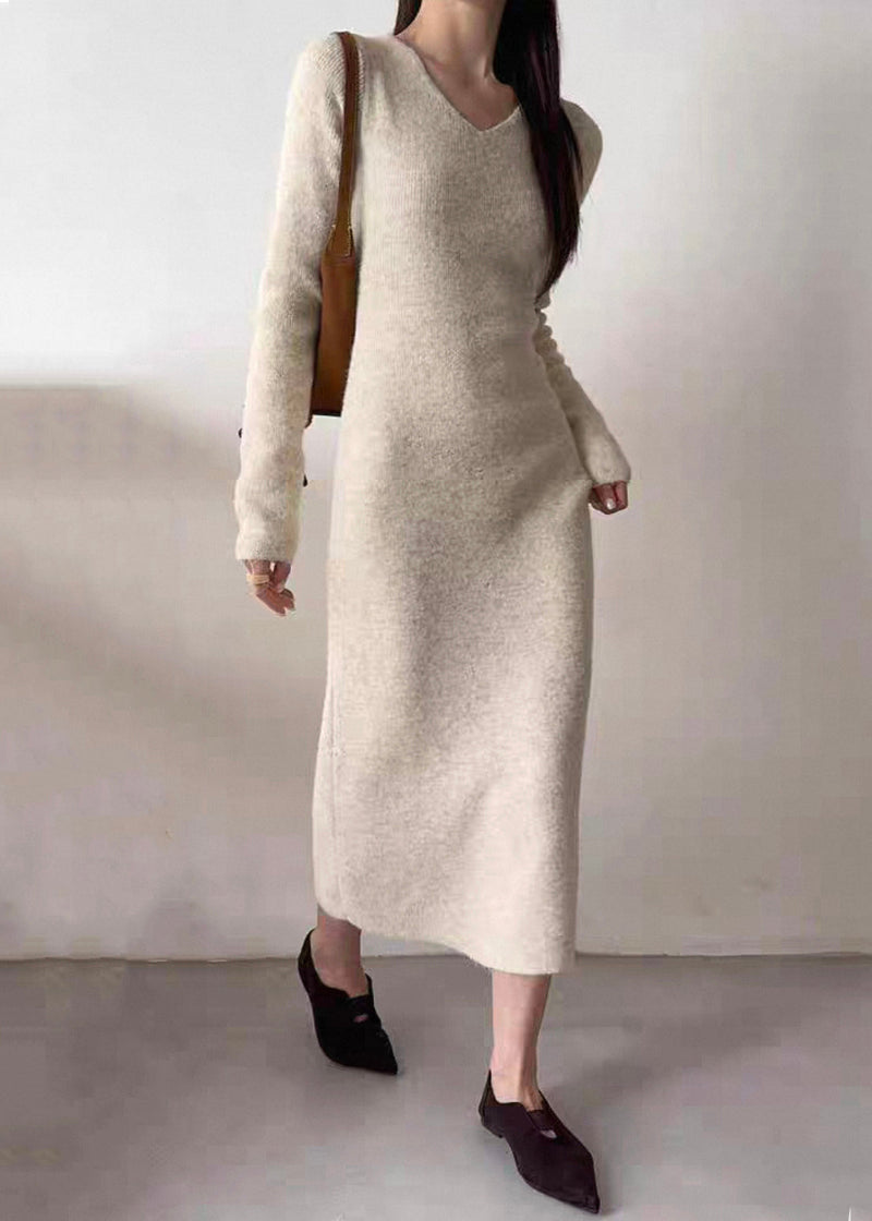 Slim Fit Beige Button Coat and Dresses Knit Three Piece Set Spring
